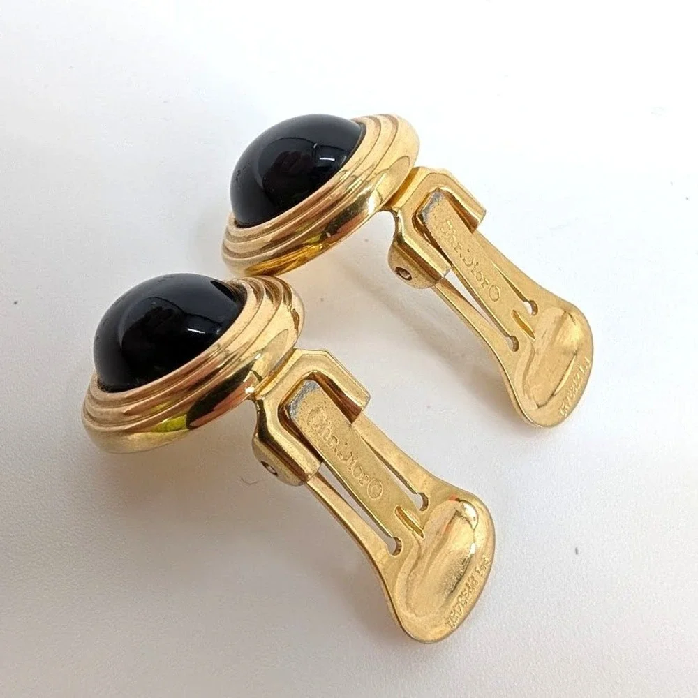 Vintage Christian Dior Black Cabochon Clip Earrings Gold Tone Oval 1980s‎ Signed - Picture 4 of 8